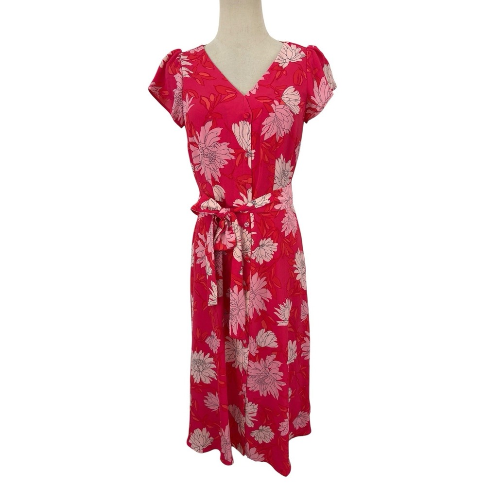 Talbots Dress Sz 2 Pink Floral Midi Button Front Fit And Flare Sundress‎ Flowy